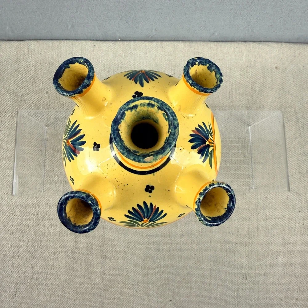 Vintage HenRiot Quimper France 5-Finger Tulip Vase Yellow Floral Quintal‎